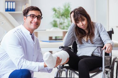 Erkek doktor tekerlekli sandalyedeki kadın hastayı muayene ediyor.