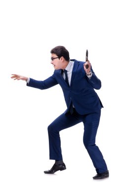 Beyaz arka plan üzerinde izole silahla işadamı