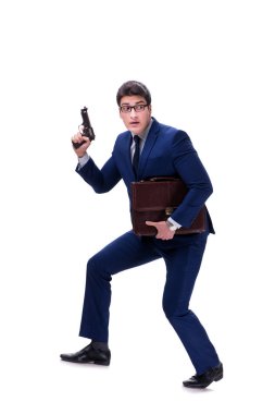Beyaz arka plan üzerinde izole silahla işadamı