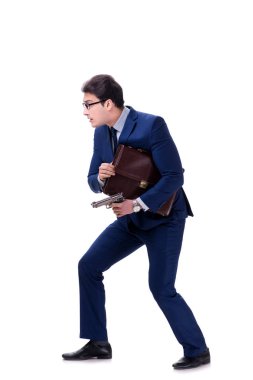 Beyaz arka plan üzerinde izole silahla işadamı