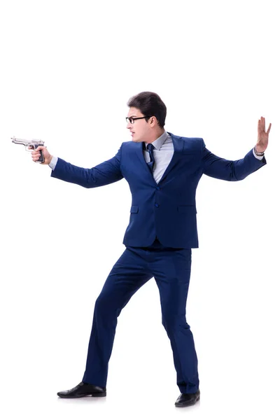 Empresário com arma isolada no fundo branco — Fotografia de Stock