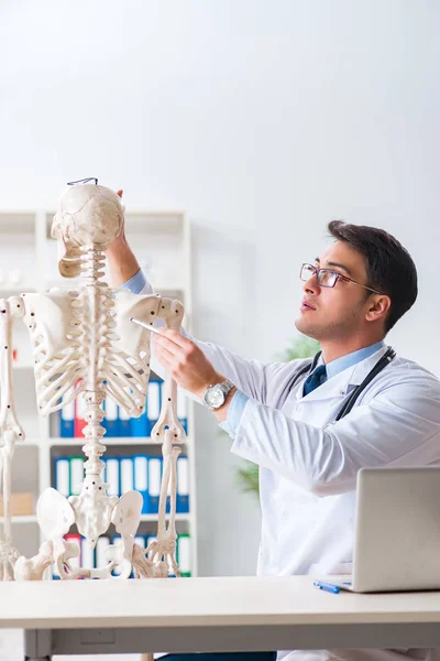 Yong manliga läkare med skelett isolerat på vitt — Stockfoto