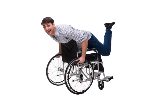 Cuidador com cadeira de rodas isolada em branco — Fotografia de Stock