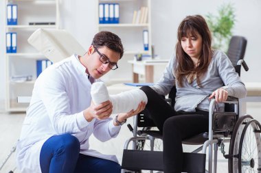 Erkek doktor tekerlekli sandalyedeki kadın hastayı muayene ediyor.