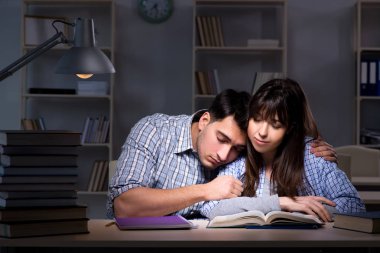 İki öğrenci gece geç saatlere kadar çalışıyor.