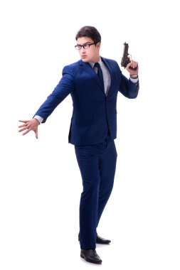 Beyaz arka plan üzerinde izole silahla işadamı