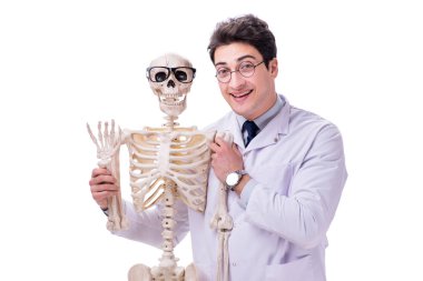 Beyaz izole iskelet ile genç doktor