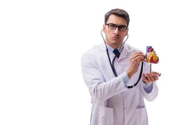 Młody lekarz z kształtem serca odizolowany na białym — Zdjęcie stockowe
