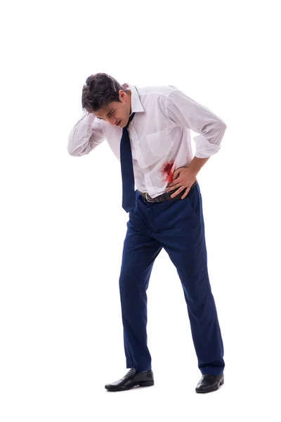 Wounded businessman with blood stains isolated on white backgrou — Stock Photo, Image