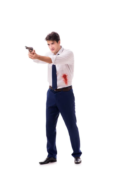 Businessman wounded in gun fight isolated on white — Stock Photo, Image