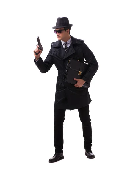 Man spy with handgun isolated on white background — Stock Photo, Image