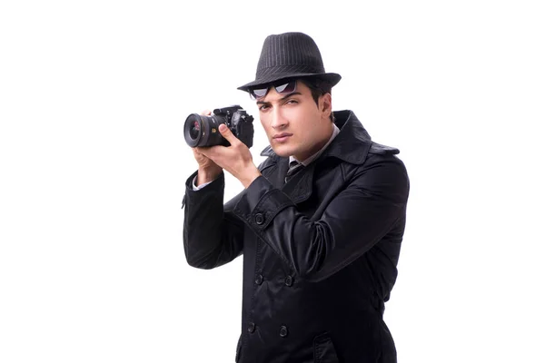 Spy s fotoaparátem fotografování izolované na bílém — Stock fotografie