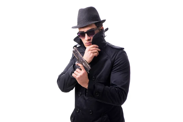 Człowiek szpieg z pistolet odizolowany na białym tle — Zdjęcie stockowe