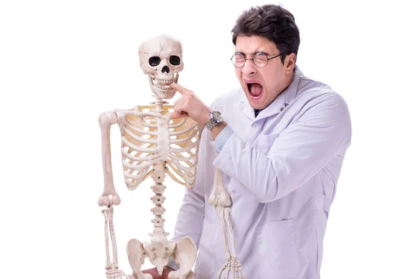 Junger Arzt mit Skelett isoliert auf weiß — Stockfoto
