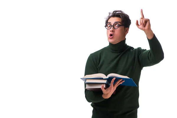 İnek genç öğrenci üzerinde beyaz izole kitaplar — Stok fotoğraf
