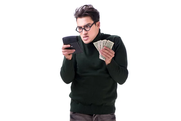 Jovem nerd com calculadora isolada em branco — Fotografia de Stock