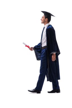 Öğrenci üzerinde beyaz izole onun mezuniyet töreninde heyecanlı