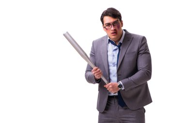 Beyzbol sopalı bir iş adamı beyazda izole edilmiş.