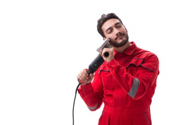 Dairesel Parlatıcı üzerinde beyaz izole ile genç adam