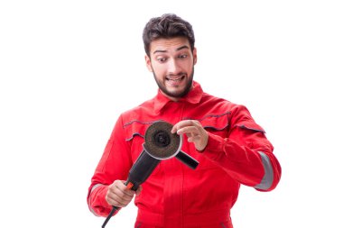 Dairesel Parlatıcı üzerinde beyaz izole ile genç adam