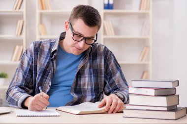 Okul sınavlarına kitaplarla hazırlanan genç bir öğrenci.