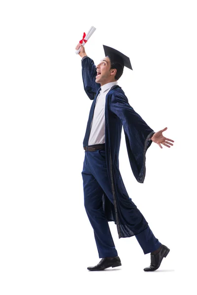 Estudante animado em sua formatura isolado em branco — Fotografia de Stock