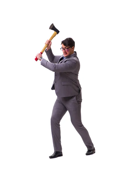 Homem de negócios irritado com machado isolado em branco — Fotografia de Stock