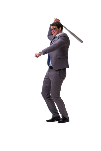 Uomo d'affari con mazza da baseball isolato su bianco — Foto Stock