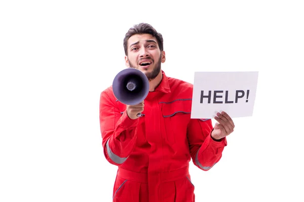 Homme en salopette avec message isolé sur blanc — Photo