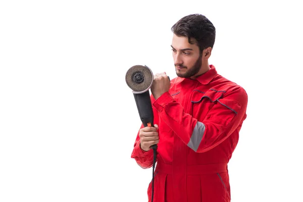 Ung man med cirkulär polermaskin isolerad på vit — Stockfoto