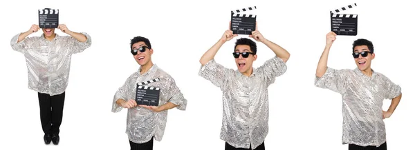 Hombre con película clapperboard aislado en blanco — Foto de Stock