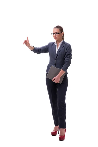 Young businesswoman pressing virtual button on white — Stock Photo, Image