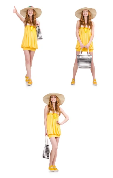 흰색 절연 노란색 여름 드레스에 젊은 여자 — 스톡 사진