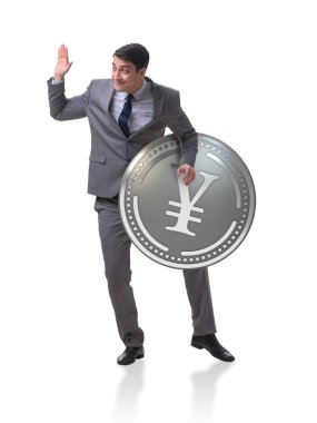 İşadamı ile Japon yeni sikke üzerinde izole beyaz arka plan