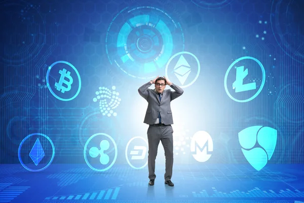 Concept of various cryptocurrencies and businessman — Stock Photo, Image