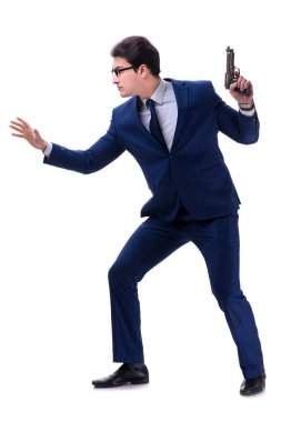 Beyaz arka plan üzerinde izole silahla işadamı