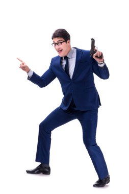 Beyaz arka plan üzerinde izole silahla işadamı