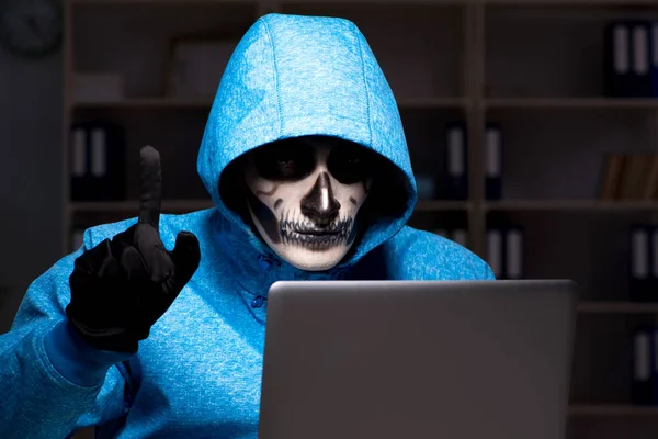 Scary hacker hacking security firewall late in office — Stock Photo, Image