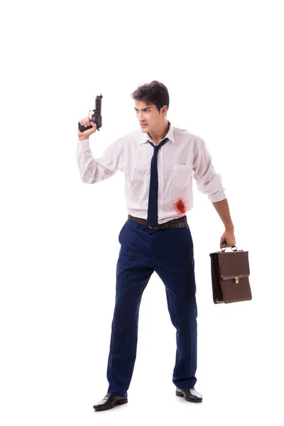 Affärsman sårad i skottlossning isolerad på vit — Stockfoto