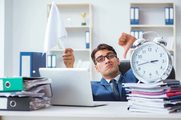 Businessman throwing white flag and giving up — Stock Photo, Image