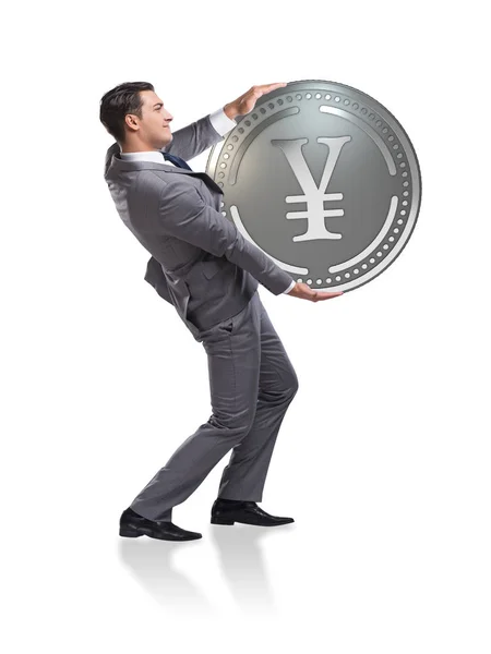 Zakenman met Japanse yen coin geïsoleerd op witte achtergrond — Stockfoto