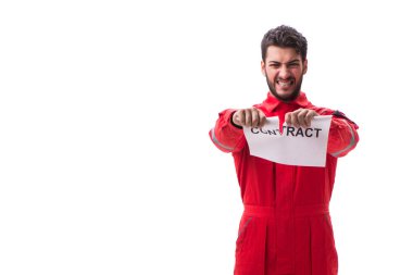 Tulumlu ve mesajı beyaz üzerine izole edilmiş bir adam.