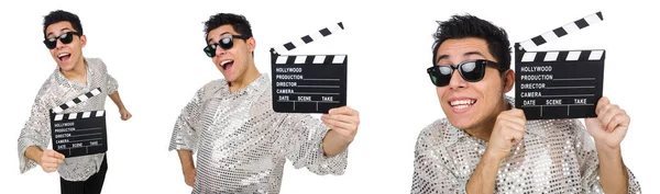 Homem com filme clapperboard isolado em branco — Fotografia de Stock