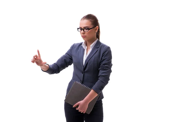 Jeune femme d'affaires appuyant sur le bouton virtuel sur blanc — Photo