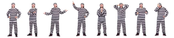 Veroordeelde misdadiger in gestreepte uniform geïsoleerd op wit — Stockfoto