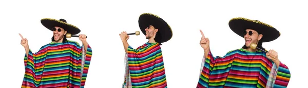 Bonito homem em poncho vívido segurando maracas isoladas em branco — Fotografia de Stock