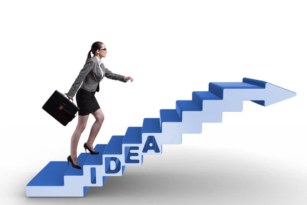 Concept of idea with businesswoman climbing steps stairs — Stock Photo, Image