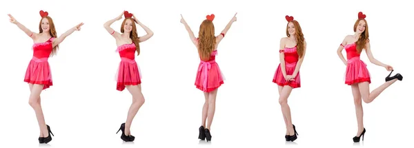 Hübsches junges Model in rosa Minikleid auf weißem Grund — Stockfoto