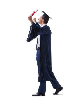 Öğrenci üzerinde beyaz izole onun mezuniyet töreninde heyecanlı