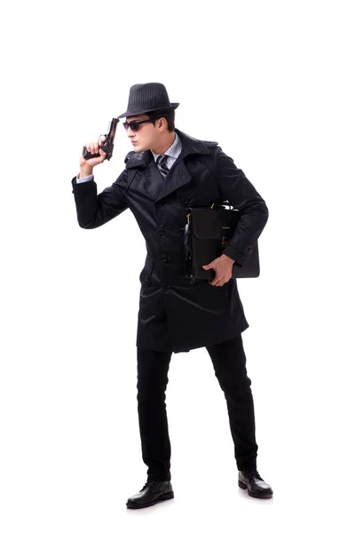 Hombre espía con pistola aislada sobre fondo blanco —  Fotos de Stock